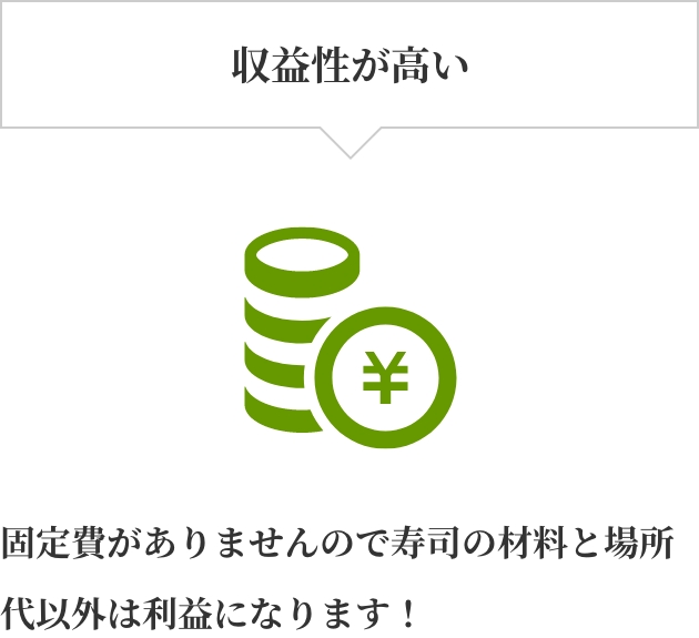 収益性が高い。固定費がありませんので寿司の材料と場所代以外は利益になります！